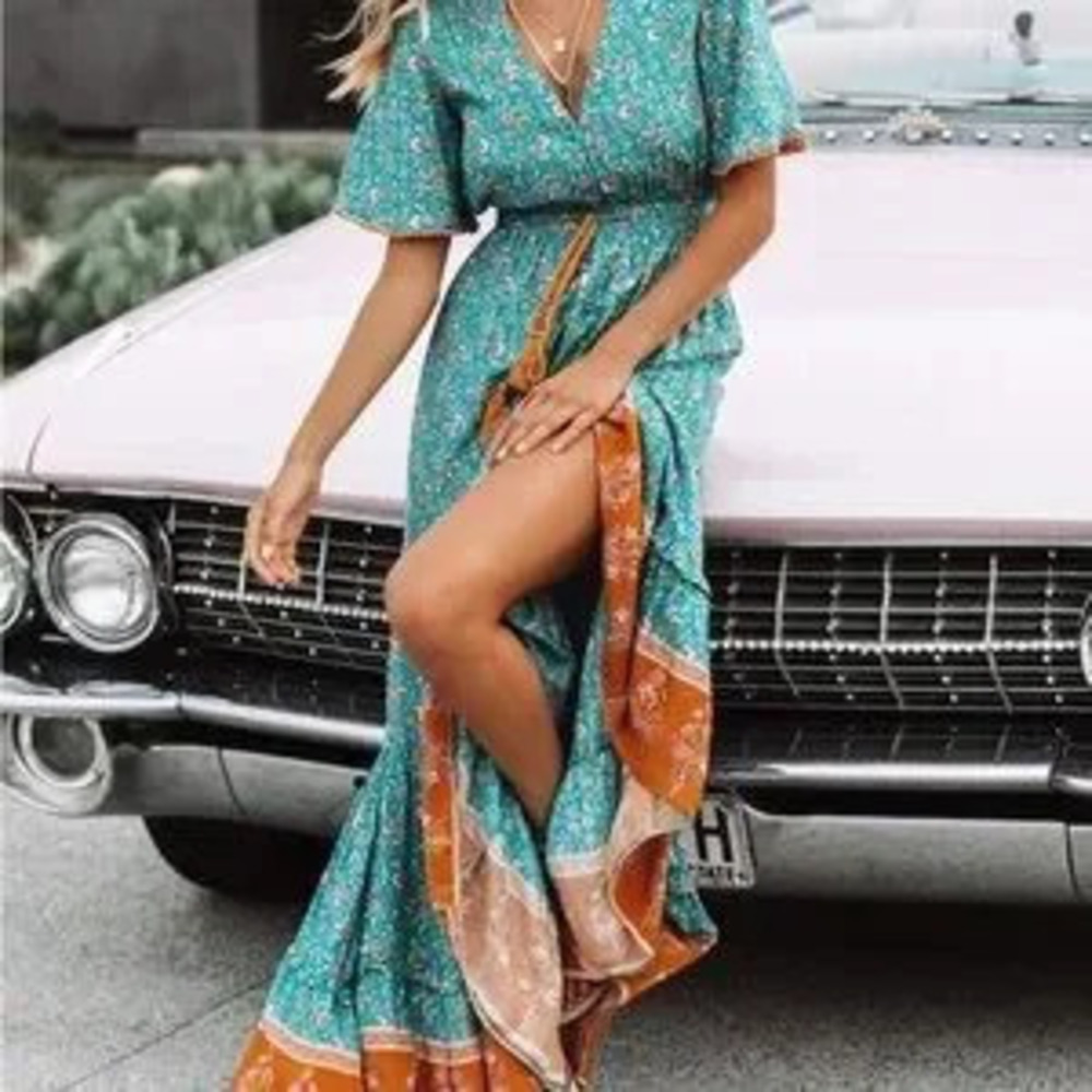 Floral Teal and Orange Maxi Dress boho maxi - Picture 2 of 5